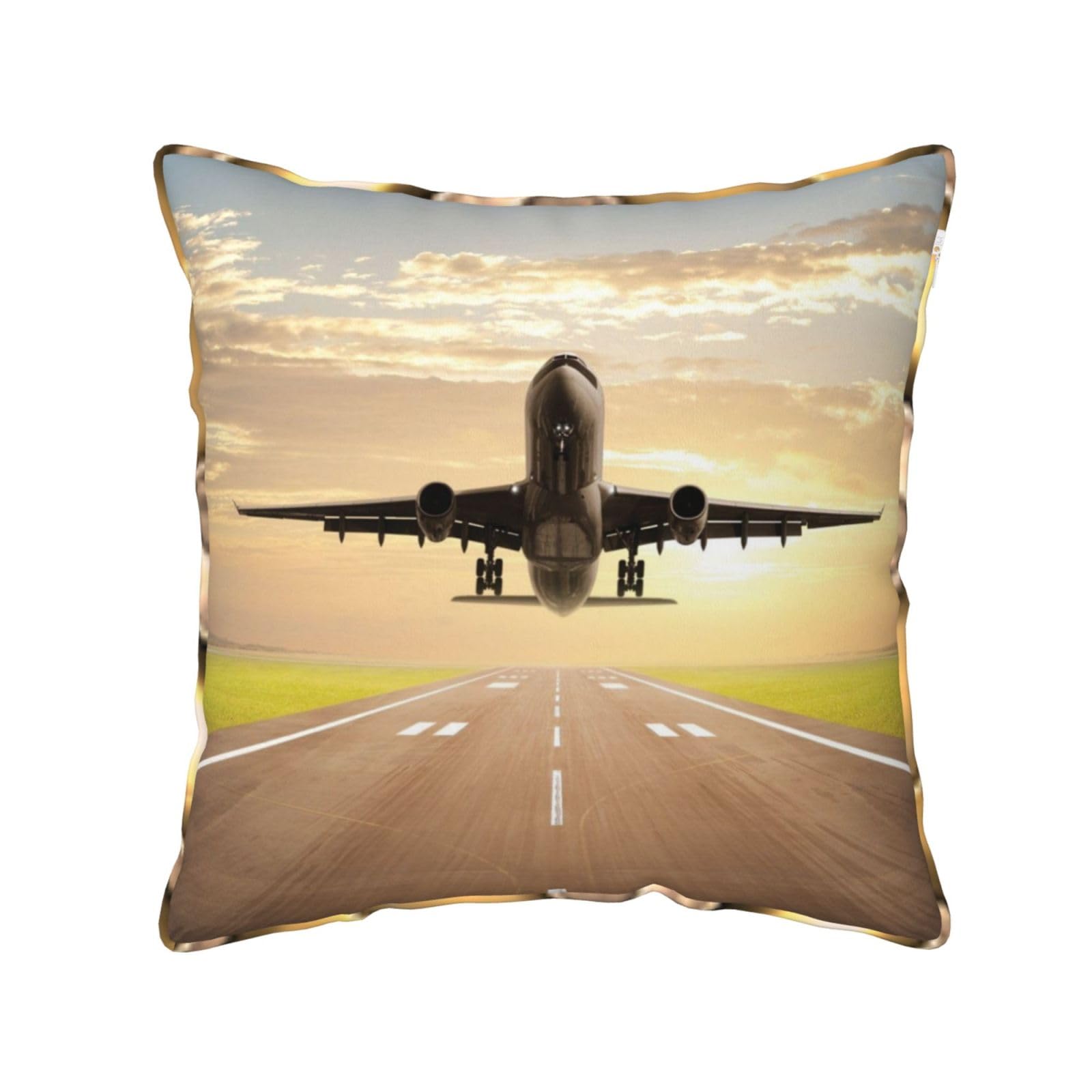 AUBKFELD Airplane Printed Velvet Cushion Cover 50x50 CM with Gold Edging Strip, Square Pillowcase Soft Throw Pillow Covers Case Decorative for Living Room Sofa Couch Bed Bench