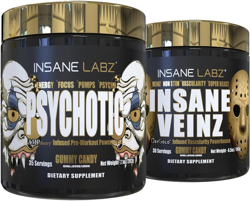 Psychotic Gold and Insane Veinz Gold Pre Workout Nitric Oxide Booster Stack, Increase Muscle Mass, Vascularity, Strength, Energy, Focus, Gummy Candy