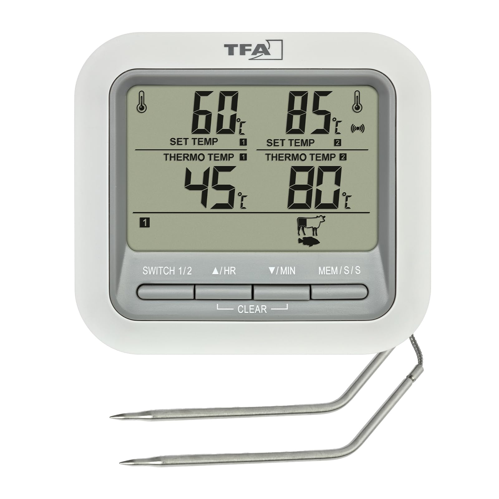 TFA Dostmann Termometro barbecue digitale, cucinca, arrosti, 14.1516, con 2 sonde acciaio inossidabile, termometro carne, forno a legna, 300 °C, con allarme, manzo/maiale/pollo/pesce, bianco