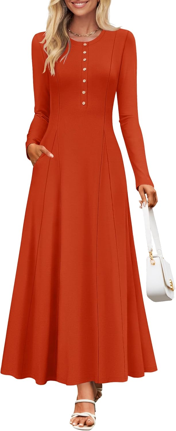 ZESICA Women's Elegant Maxi Dresses 2026 Fall Long Sleeve Button Casual A Line Boho Flowy Dress with Pockets