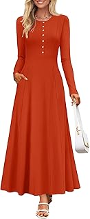 Women's Elegant Maxi Dresses 2025 Fall Long Sleeve Button Casual A Line Boho Flowy Dress with Pockets
