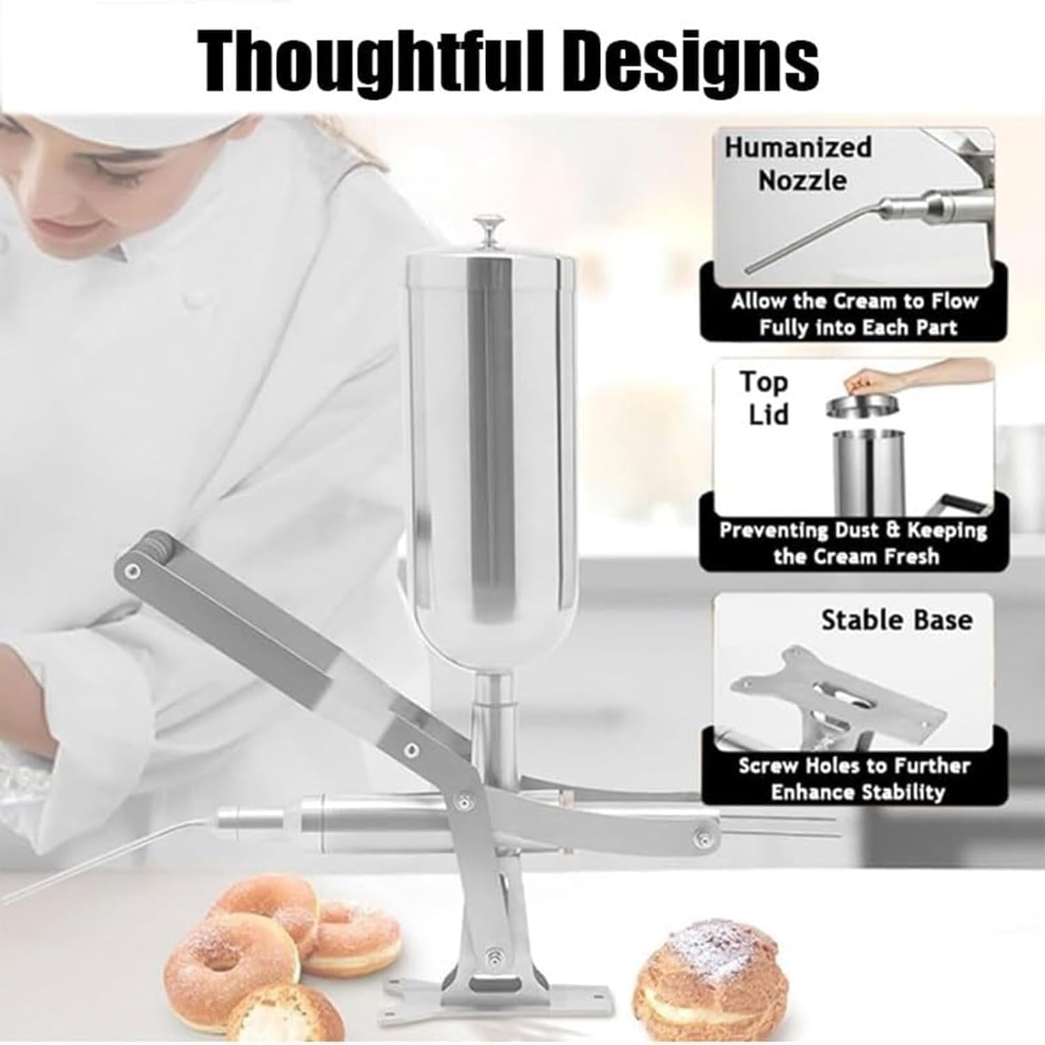 Cette Machine à garnir Les Beignets, équipée d'un injecteur de crème à 4 Tubes, est idéale pour Les boulangeries, Les cafés et Les pâtisseries. Elle Permet Un garnissage Efficace des pâtisse