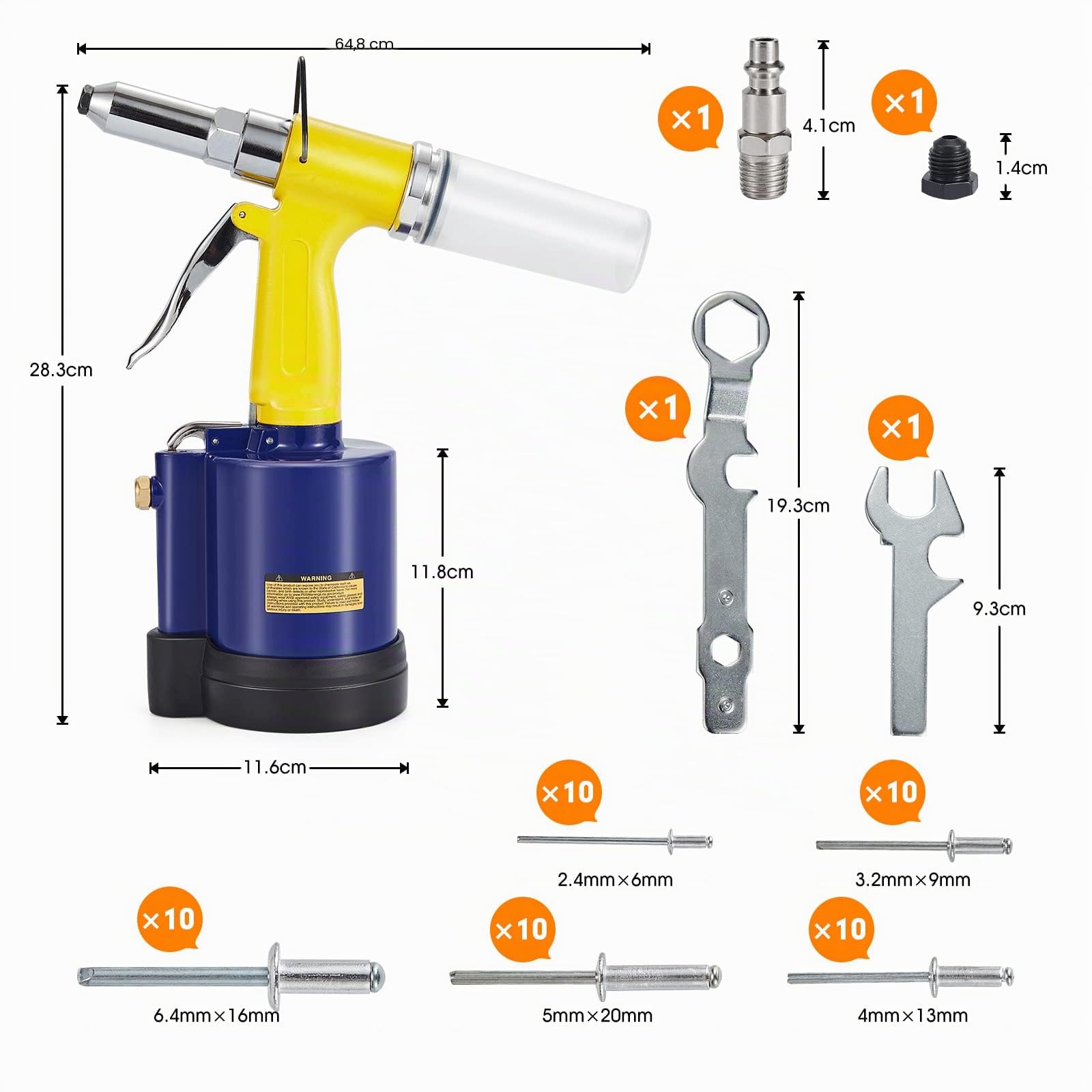 RZX Remachadora neumática de Aire para Herramienta – 3/32 Pulgadas, 1/8 Pulgadas, 5/32 Pulgadas, 3/16 Pulgadas y 1/4 Pulgadas de Capacidad con 50 Remaches Ciegos de Extremo Abierto (1)