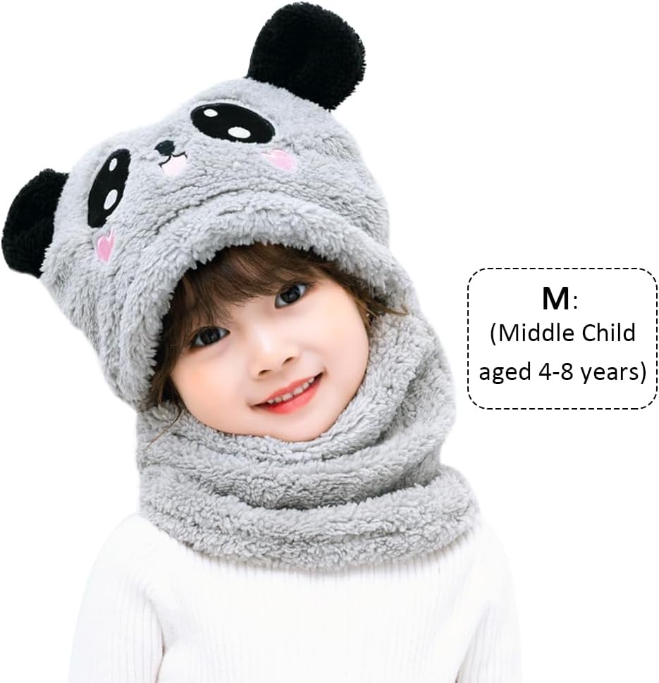 Kids Winter One Piece Hat and Scarf, Unisex Warm Fleece Hat Neck Warmer Hood Cap with Bear Ears for 5-8 Years Old Girls Boys - Image 2