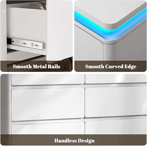 Miniatura 6 de Cómoda blanca de 6 cajones para dormitorio, cómoda larga de 47.2 pulgadas con estación de carga y luces LED, gabinete de almacenamiento doble de