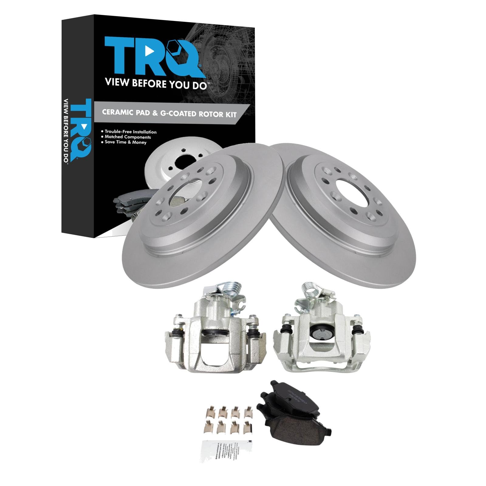 TRQ Rear Brake Pad and Rotor Set Ceramic G Coated Rotors Calipers Compatible with 2009 Ford Flex 2010-2012 Taurus 2009-2012 Lincoln MKS
