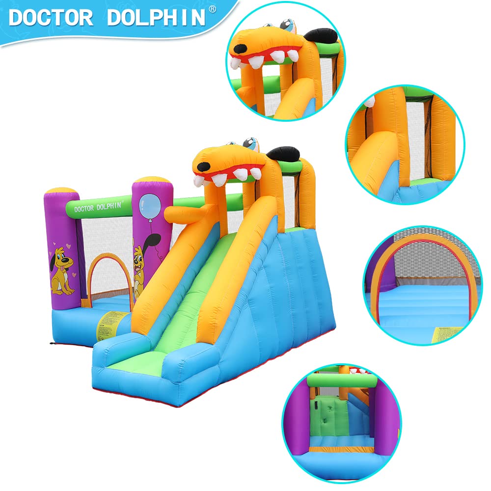 Doctor Dolphin Bounce House Slide with Blower Bounce House for Kids 5-12 Bounce House for Kids, Jumping Bouncy Castle with Puppy Slide Outdoor, Inflatable Bouncer with Blower