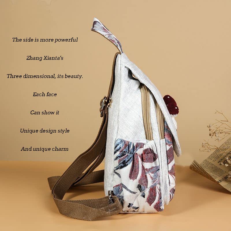Image of Womens Boho Cotton Hemp Cloth Backpack Boho Vintage Embroidered Casual Purse Handbags Messenger Bag Mushroom Beige Red
