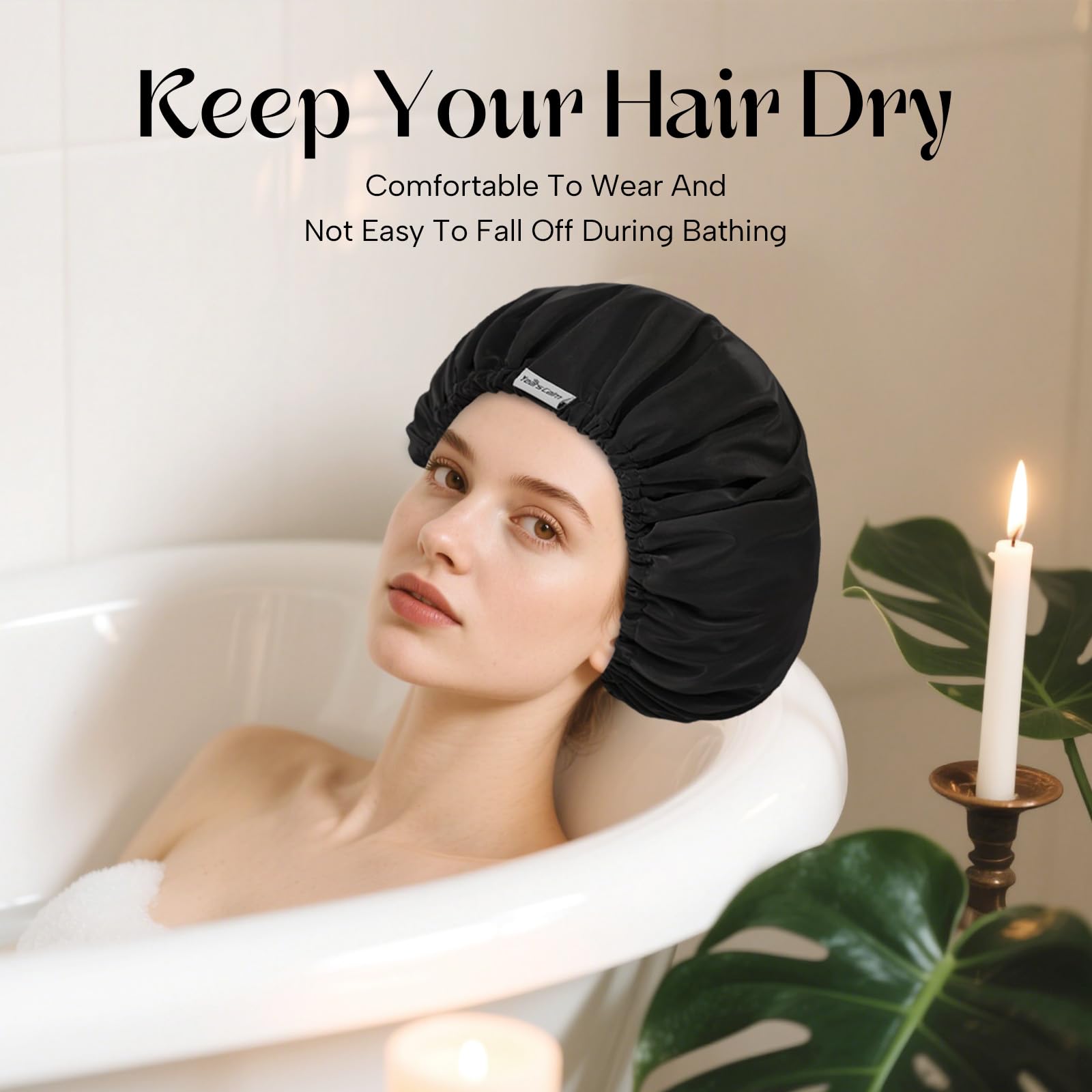Years calm Bonnet de douche réutilisable, imperméable, double couche pour femme, avec bande élastique, idéal pour la douche, le spa, les voyages et le nettoyage (noir, taille unique)