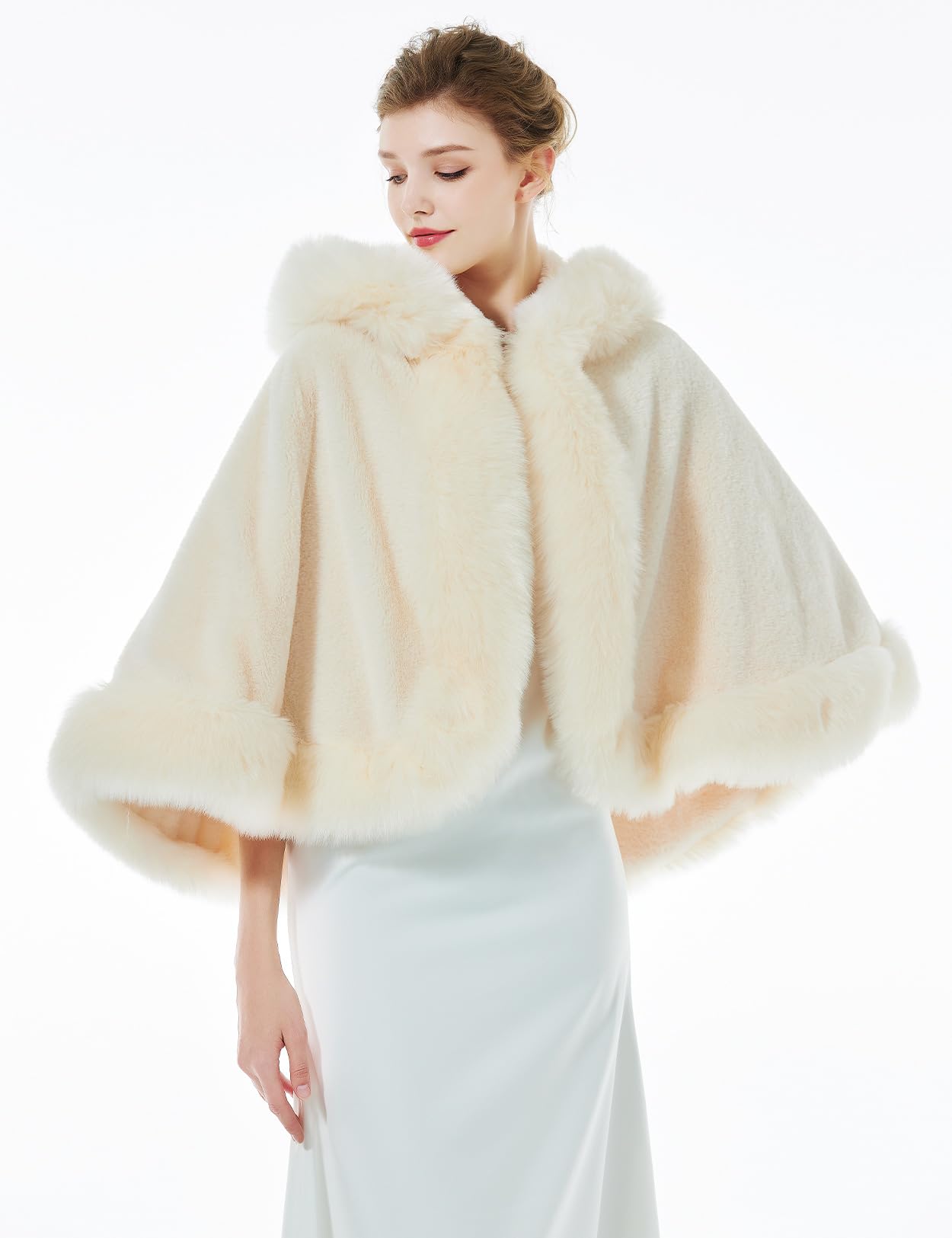 BEAUTELICATE Donna Mantello Corto con Cappuccio in Pelliccia Sintetica Stola in Pelliccia Caldo Cappotto per Matrimonio Invernale Sposa
