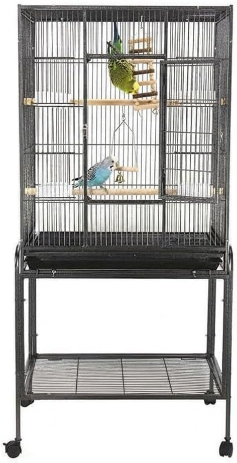53-Inch Bird Flight Cage with Wheels, Wrought Iron Flight Cage with Stand, Large Parrot Cage for Parakeets, Cockatiels, Conures, Budgies, Macaws, Pigeons - Spacious Birdcage