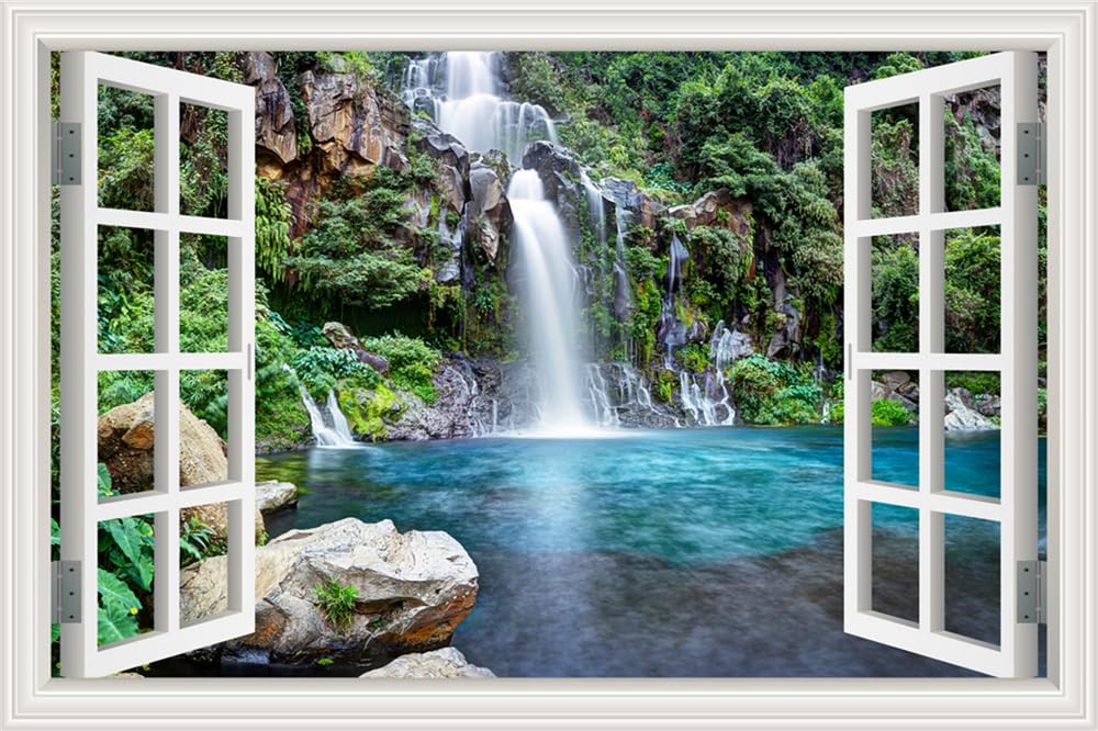 Removable Wall Murals Peel and Stick Waterfall Window Scenes 3D Wall Sticker Vinyl Wallpaper Decorations for Bathroom Home Decor Art Wall Decals for