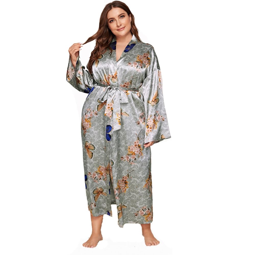 Robes Imprimées Papillon pour Femmes,Grande Taille Kimono en Satin Soyeux Longue Robe de Chambre Douce Peignoir de Fête de Mariage Chemise de Nuit Ample et Fraîche Col en V