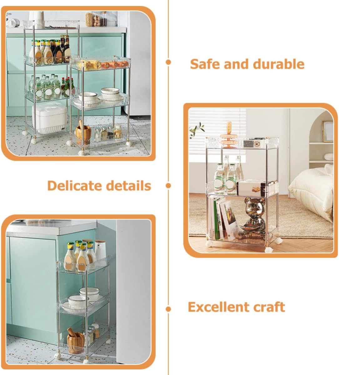 UPKOCH 3-Tier Kitchen Trolley Rack with Large Capacity and Movable Design, Stainless Steel and Plastic Corner Storage Rack for Bedroom and Kitchen Organization