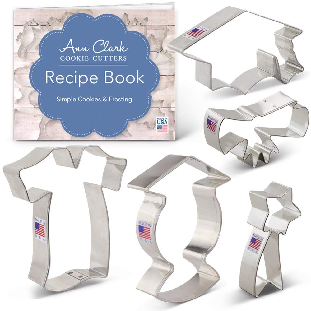 Ann Clark Cookie Cutters Graduation Set with Recipe Booklet - 5 piece - Graduation Cap, Gown, Diploma, Graduate and Shooting Star - - USA Made Steel
