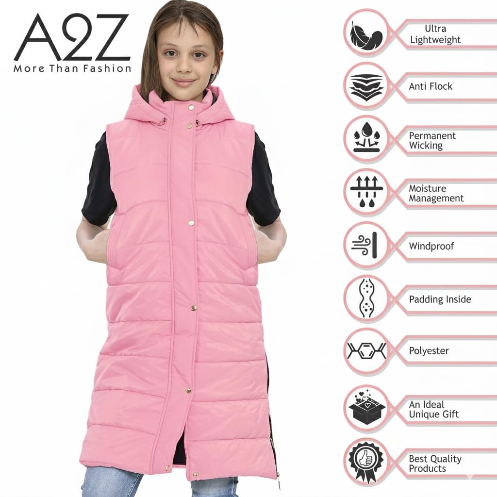 A2Z 4 Kids Dziewczyny Moda Ponadgabarytowe Zakapturzony Pikowana Kamizelka Kolor Watowany Długi Linia Kamizelka Kurtka Długi Bez Rękawów Płaszcz Miejskie Zima Zużycie Płaszcz 7-13 Lata