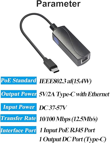 Miniatura 2 de REVOTECH Convertidor adaptador PoE a USB C, convierte POE a salida 5V2A Tipo-C con Ethernet, IEEE802.3af con 10100Mbps, banda ancha con cable y