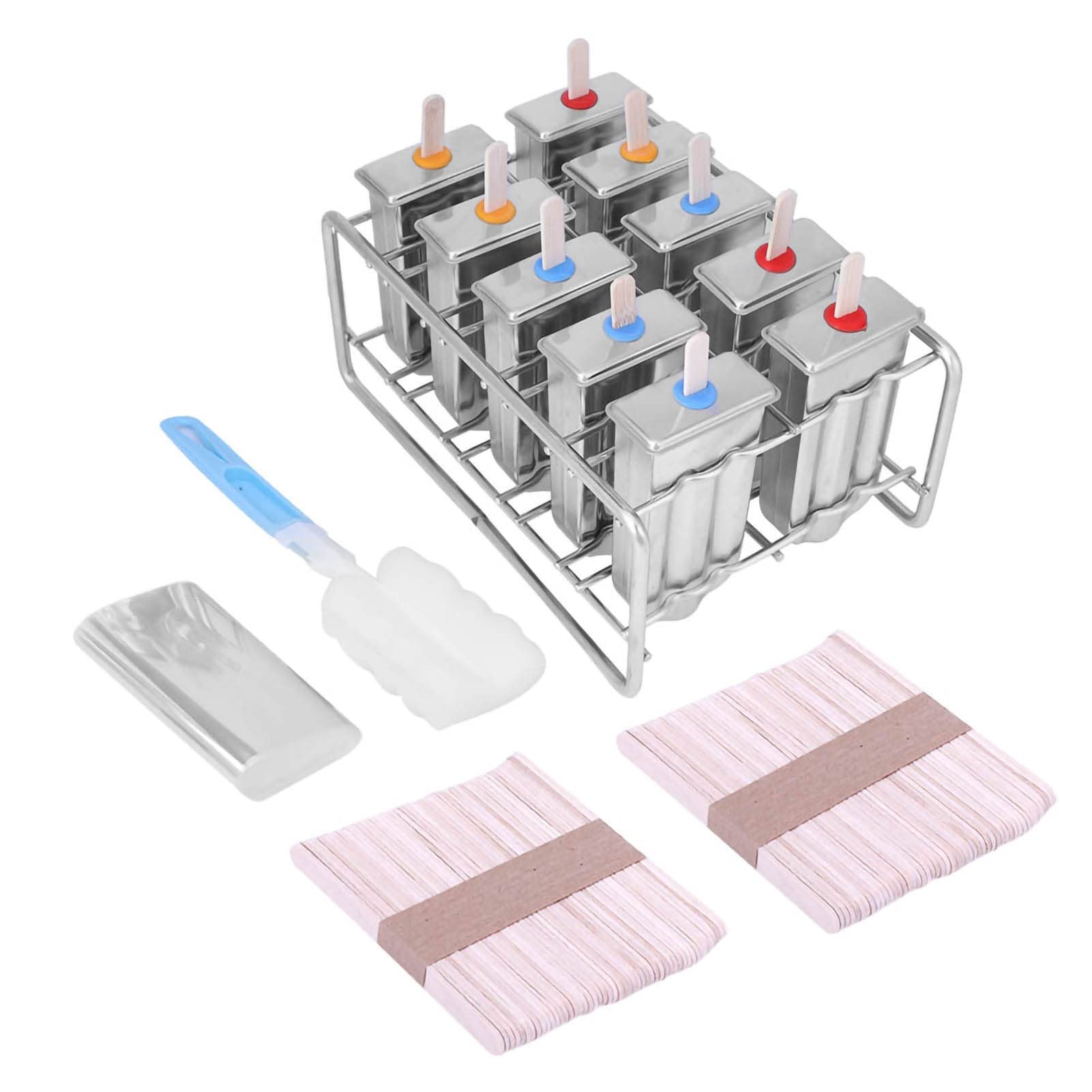 Moldes para helado de acero inoxidable, 10 piezas, con soporte de acero inoxidable y 100 palos de madera, grado alimenticio 304, sin BPA, moldes para paletas caseros, congelación (Cabeza redonda)