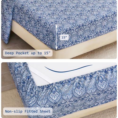 Image of lasoftan Floral Queen Comforter Set with Sheets, 7 piece Luxury Vintage Bedding, Soft Microfiber Bed in a Bag, Cozy Lightweight Bed Set, Blue Paisley