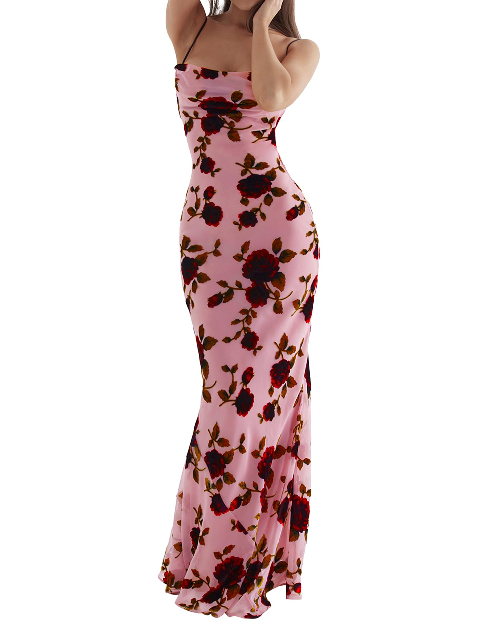 Women Sexy Backless Satin Maxi Dresses Spaghetti Strap Floral Print Dresses Slim Fit Elegant Long Dresses Night Party Outfits
