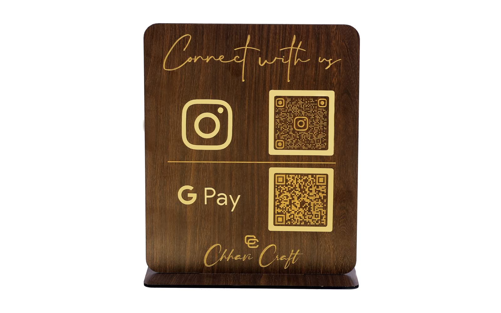 Personalized Social Media QR code Stand for Instagram, Facebook, Twitter for receiving Payment for Businesses, Offices stand Salon Hairdressers Beautician Dental Clinics Hospitals Grocery Stores business restaurant cafe counter top, Shops G pay, phone pe, (Dark wood)