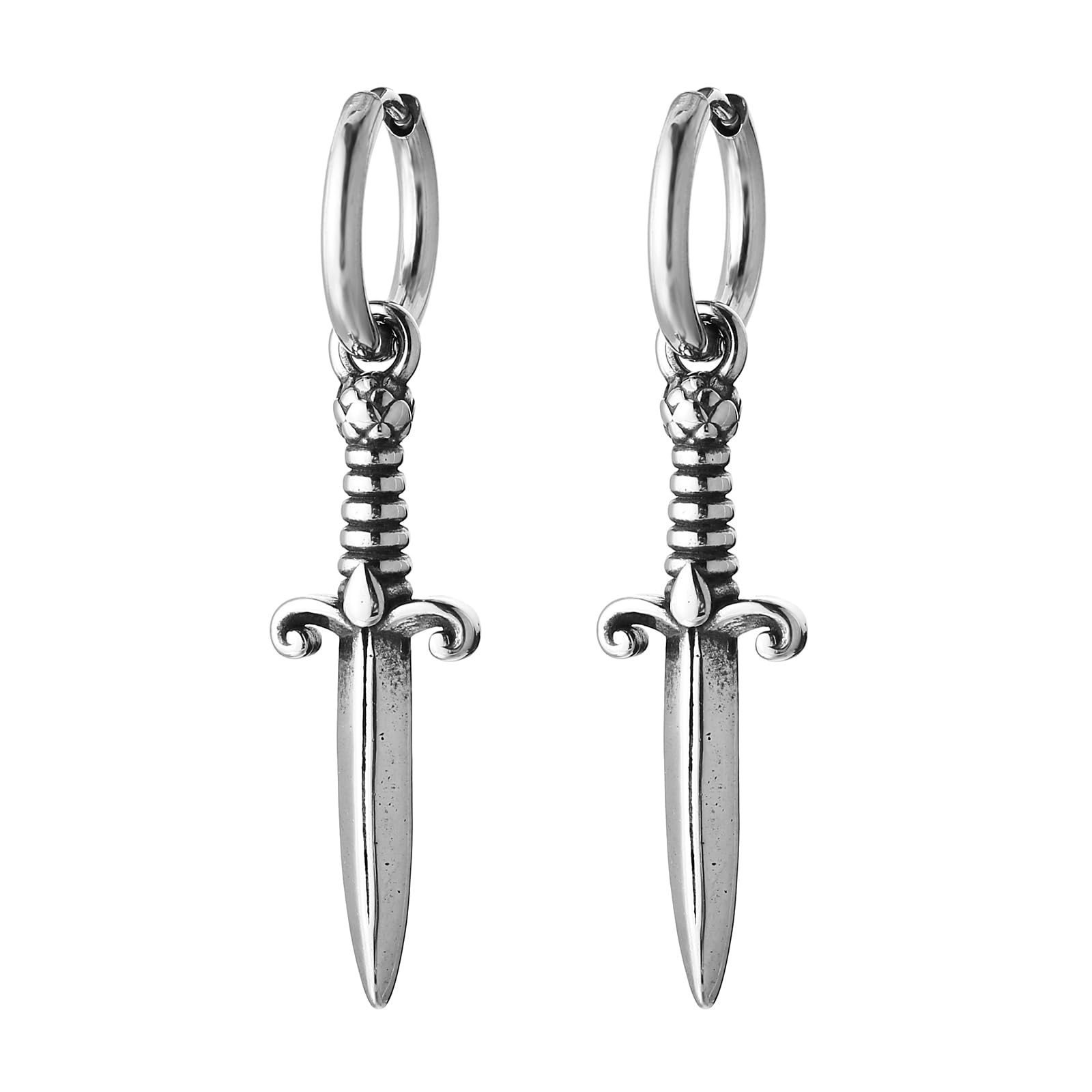 Sword/Cross/Awl Spike Dangle Earrings for Men Women Boys Gothic Punk Stainless Steel Hinged Huggie Hoop Earring Jewelry Gift