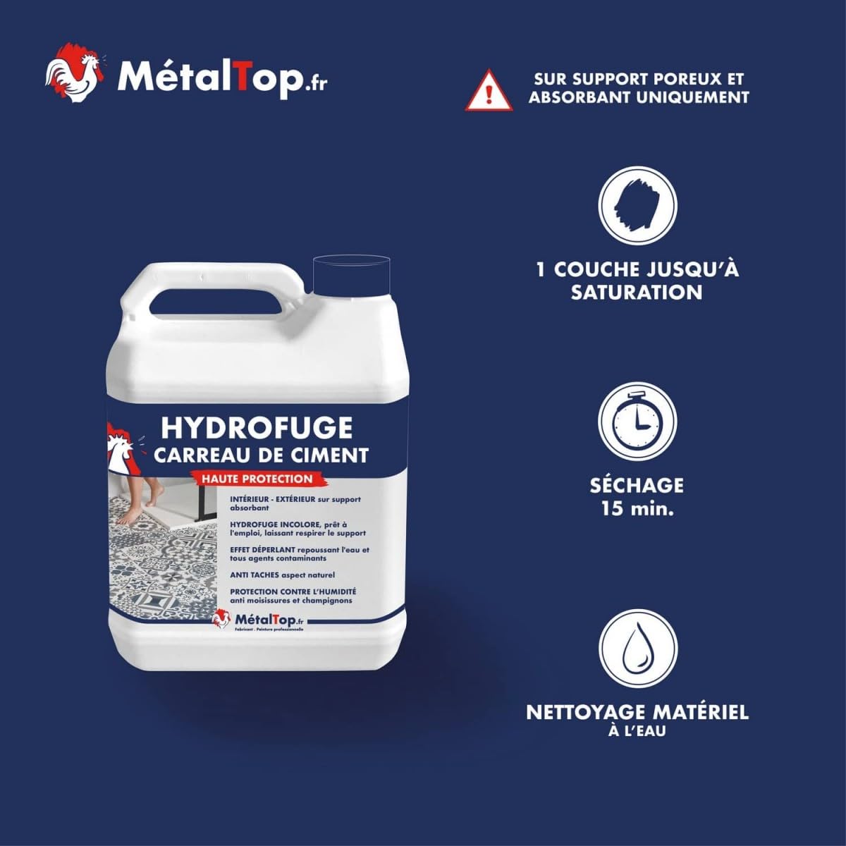 Métaltop - Hydrofuge Carreau De Ciment - 5 L - Protège durablement les carreaux de ciment poreux en intérieur et extérieur