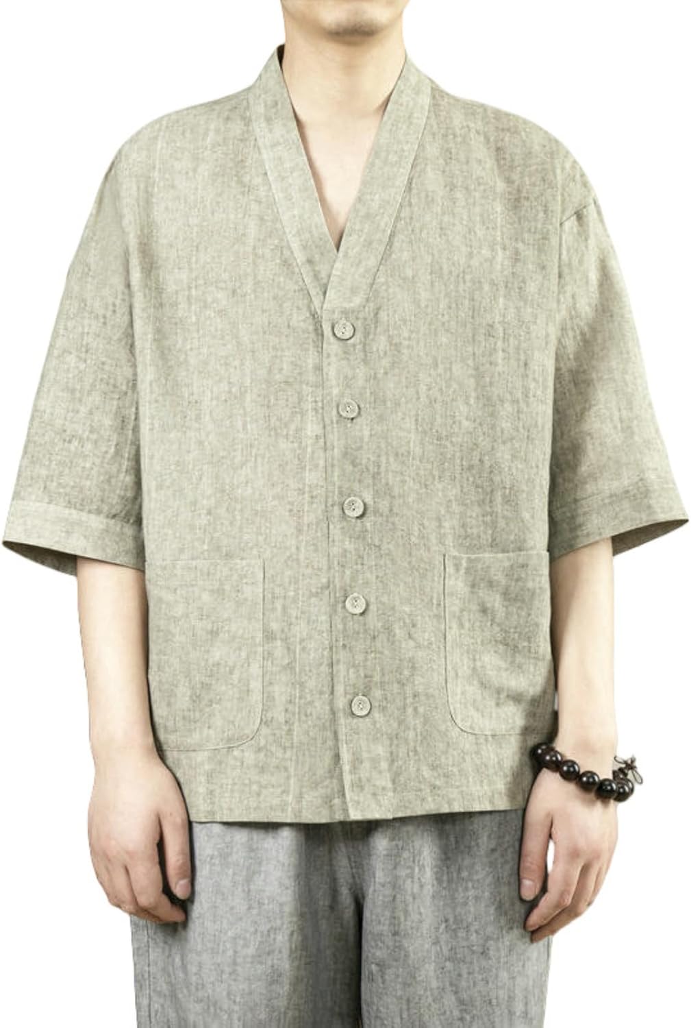 Men's Spring Summer Chinese Style Lightweight Cotton Linen Short Sleeve Hanfu Collar Tang Suit Shirt