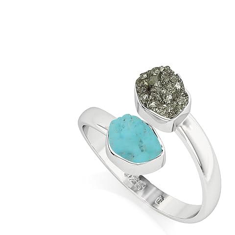 LUSTRE AND LIGHT Natural Raw/Rough Pyrite & Turquoise 2 Stone Size Adjustable Stackable Twister Ring for Women in Sterling Silver, December Birthstone Jewelry Gifts for Her (Bezel-Set)