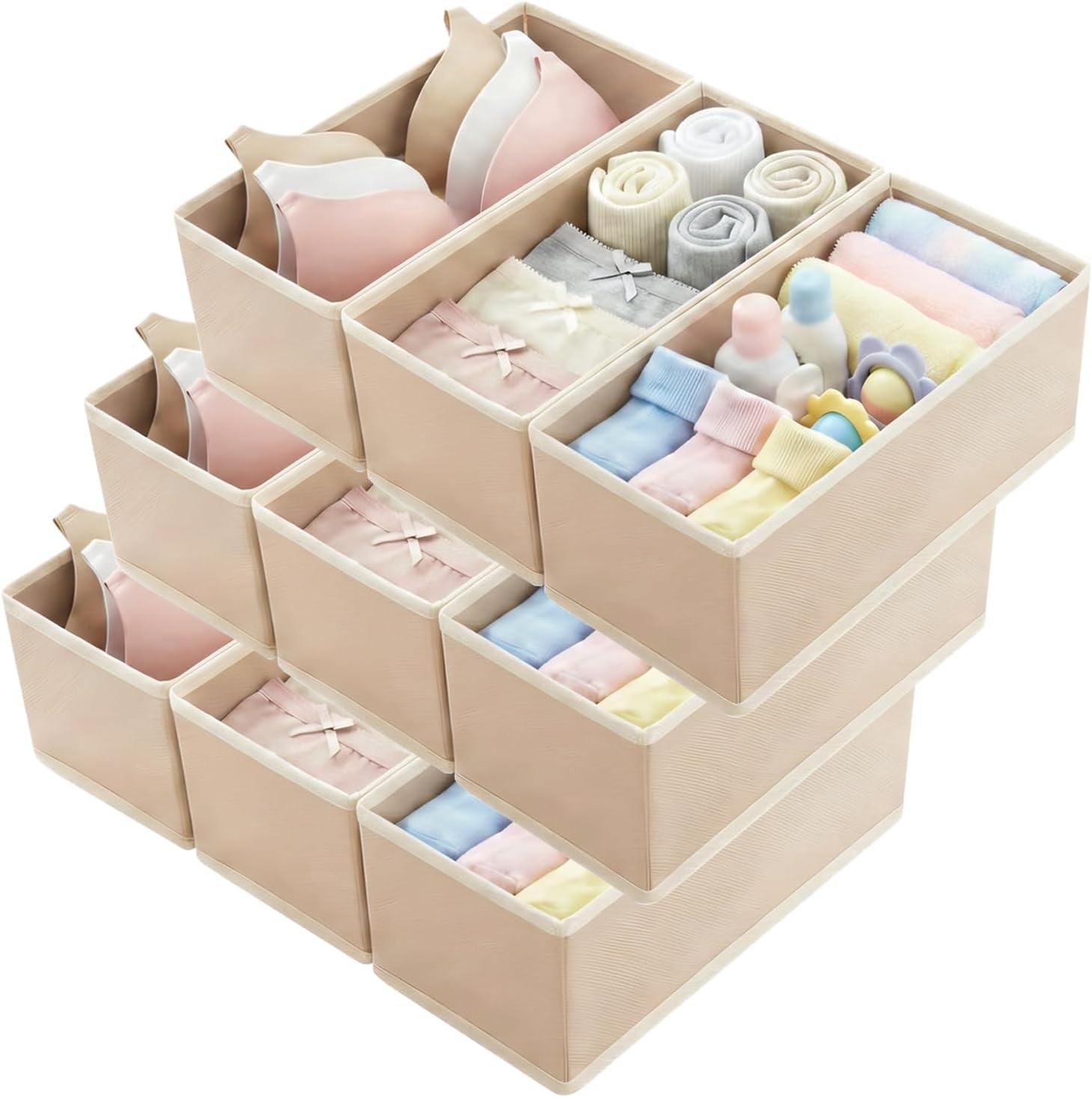 Small Foldable Fabric Drawer Organizer 6-Pack Khaki - 11" Breathable Closet & Dresser Storage Bins for Underwear, Socks, Baby Clothes & Bras image 3
