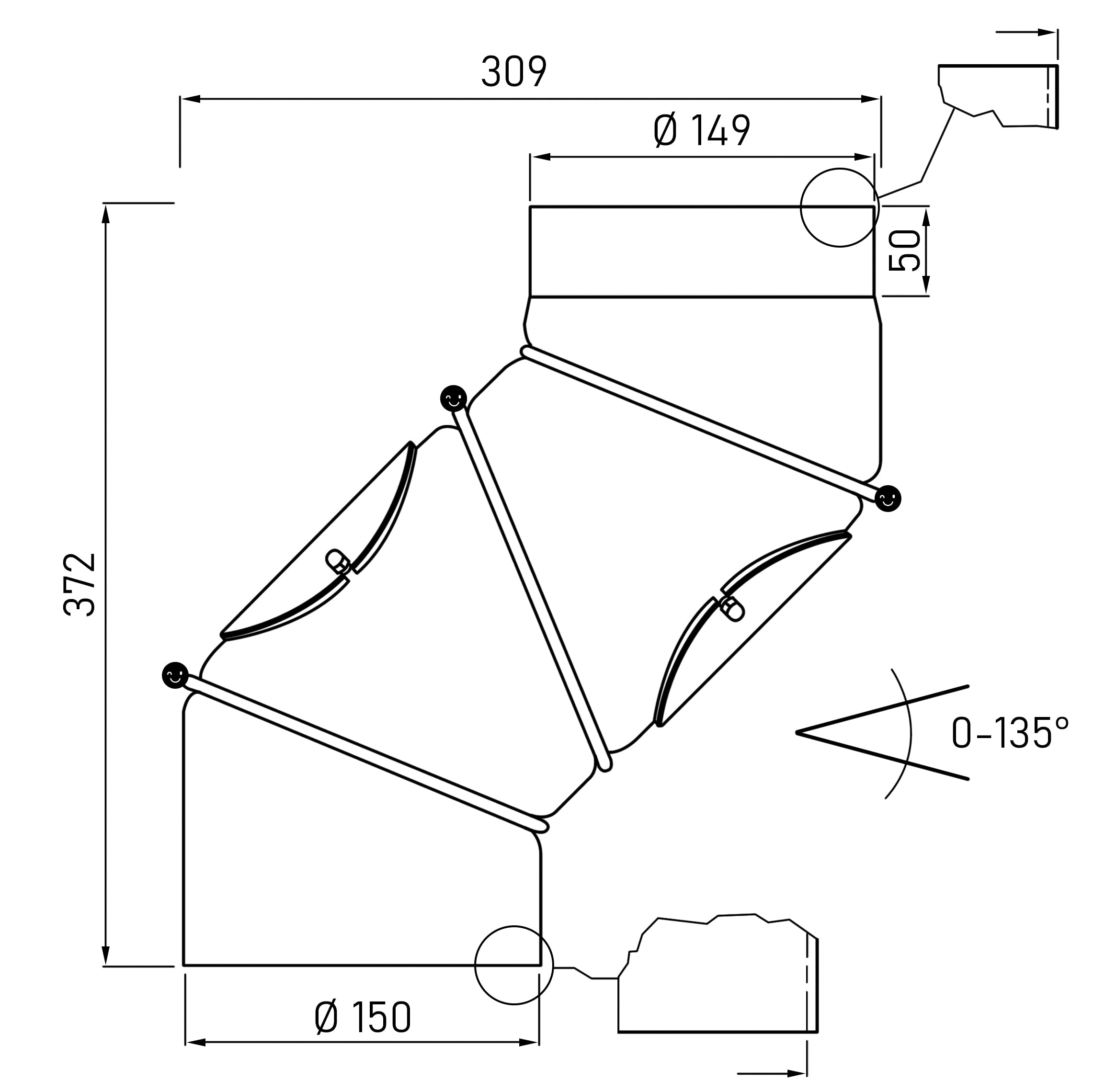 LANZZAS Ofenrohr Multibogen - Ø 150 mm - Farbe: gussgrau | Rauchrohr 4-fach Bogen 0° - 135° mit Tür