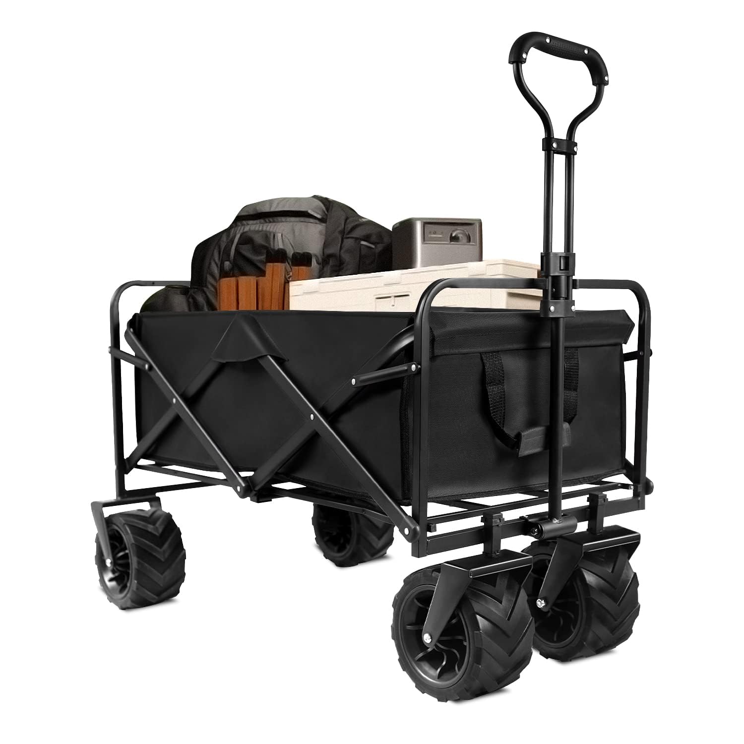 Collapsible Beach Wagons Carts Heavy Duty Foldable with Big Wheels, Utility All Terrain Wagon with Brakes, Side Pocket, Large Capacity Portable Wagon for Sand, Grocery, Outdoor, Camping (Big)