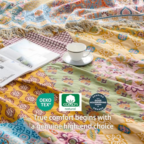 Image of VANJOROY King Boho Throw Blanket, 100% Organic Cotton Breathable Skin-Friendly Ultra Soft 91 inch x 98 inch Bed Quilt Patchwork Throw - Floral Rustic Luxury Reversible Blanket for Sofa Couch Chair and Gift