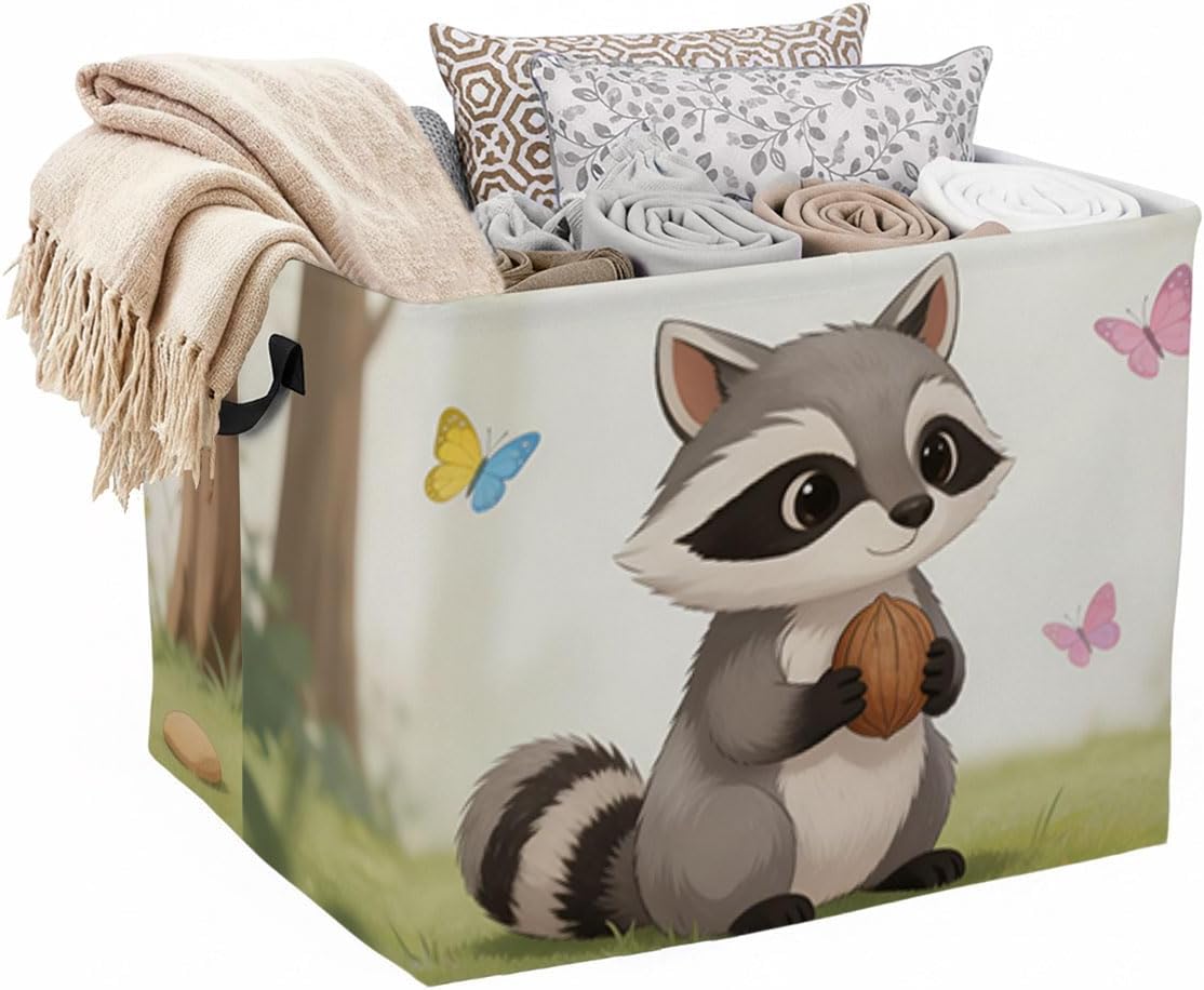 Raccoon Laundry Hamper with Handles,Large 56L Foldable Square Clothes Basket Multi‑Use Blanket Storage Bins for Organizing Books,Toys,Gifts,Room Decoration,Laundry Room,Dorm Nursery