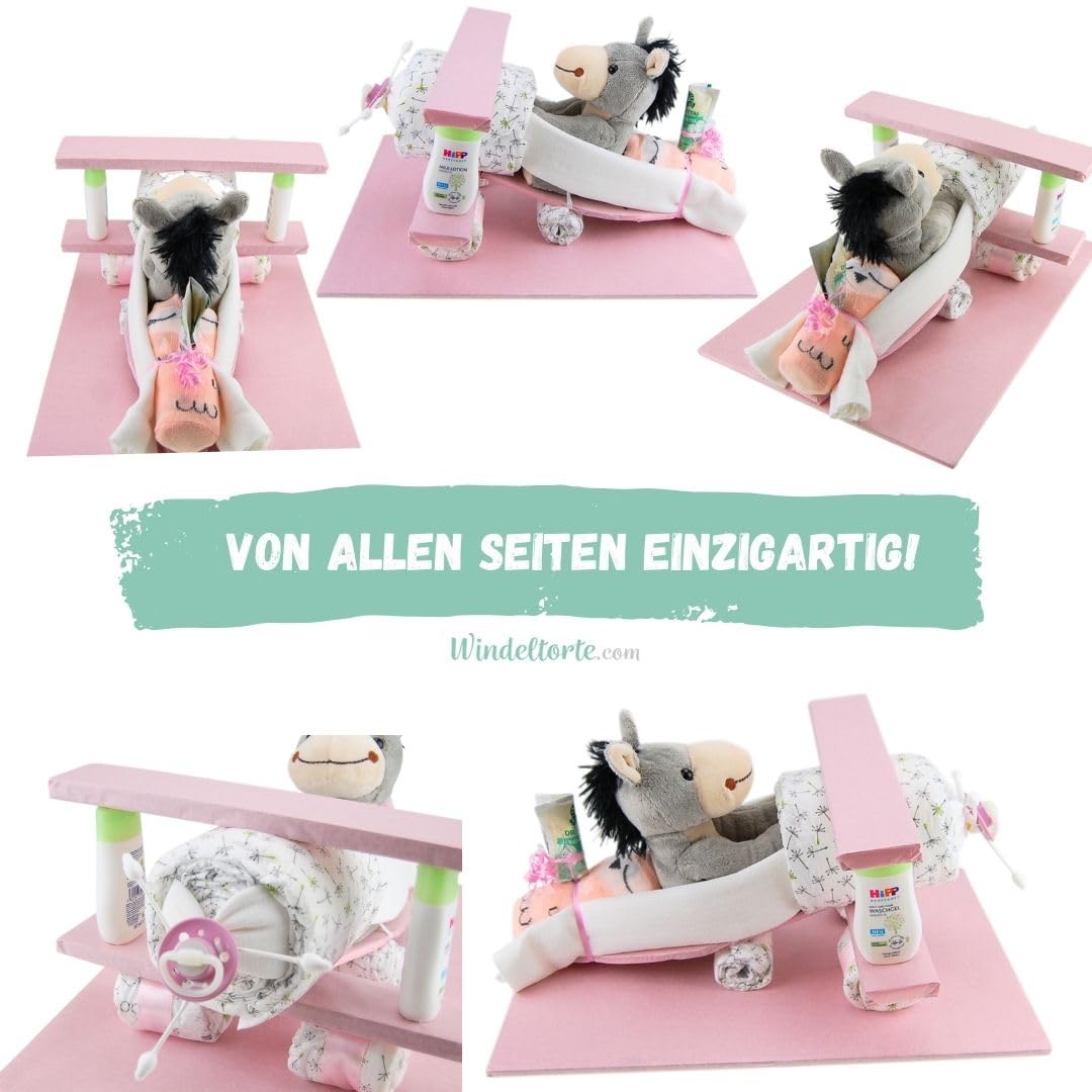 Flugzeug mit Kuscheltier - Plüschtier - Geschenk zur Geburt - Babyparty - Baby - Babyshower - Pullerparty… (Rosa/Mädchen)