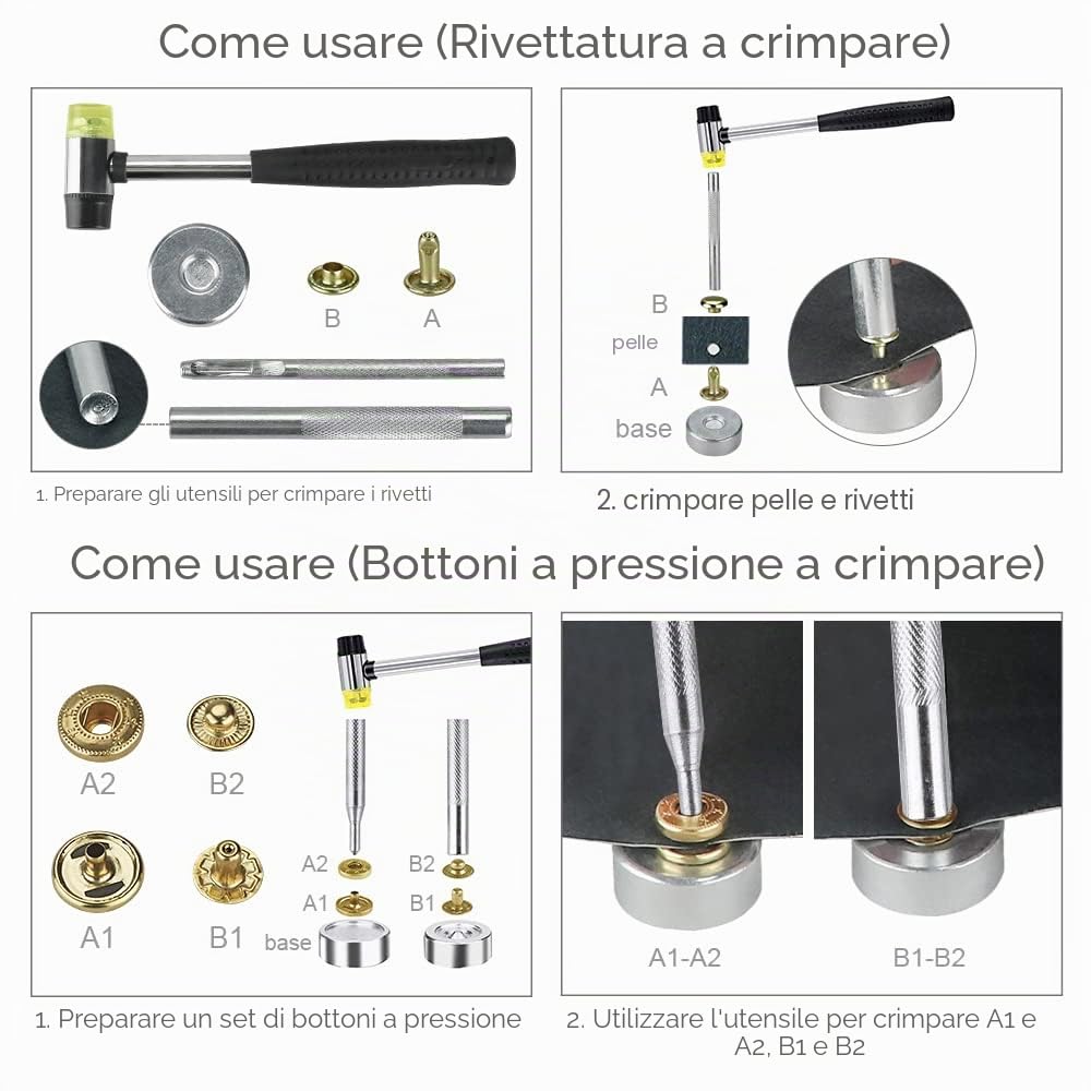 Set di punzonatrici con bottone a pressione, punzonatrice professionale Heavy Duty, punzonatrice per cintura, punzonatrice per cintura in pelle con 150 rivetti, 20 bottoni a pressione e così via, per