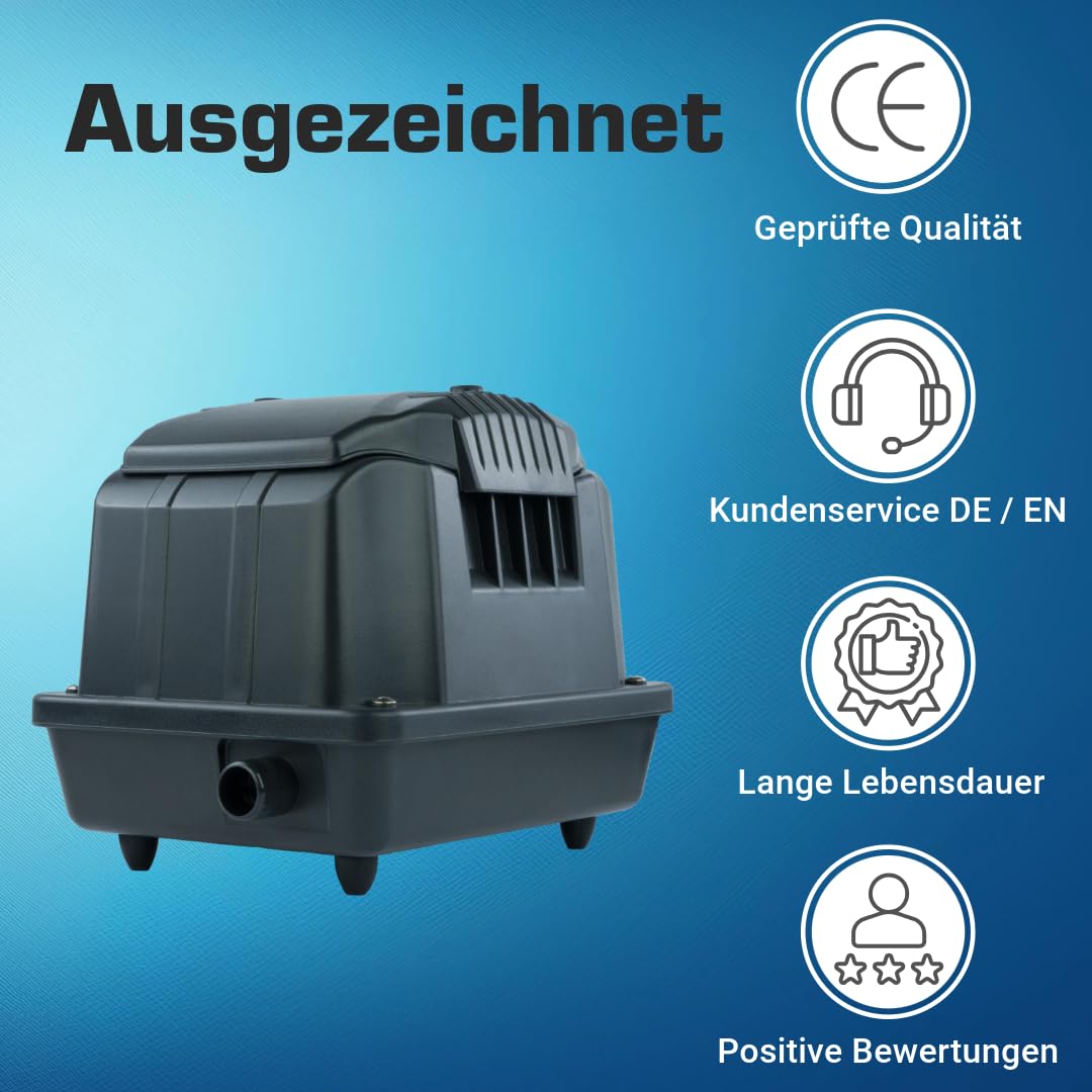 Teichbelüfter 1800 L/H stufenlos regulierbar, 25 Watt Sauerstoffpumpe für Teich, Membranpumpe 30 L/Min, Teichbelüftung, Luftpumpe Teich, Belüfterpumpe für Gartenteiche, Teichbelüftungspumpe