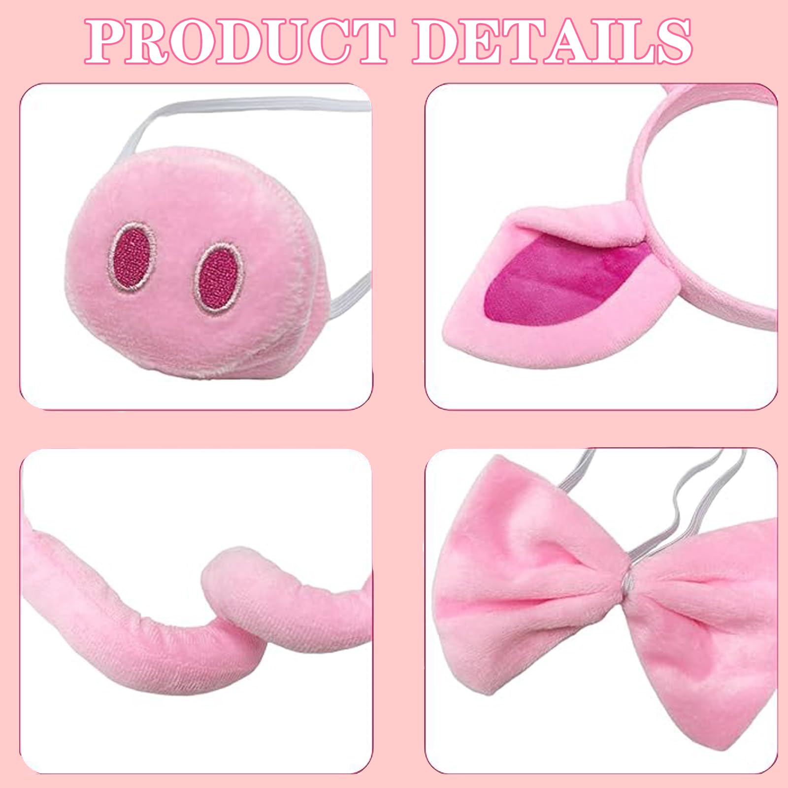 KSVFTB Pig Costume, Pink Pig Animal Costume Accessories, Pig Headband, Pig Nose, Pigtail, Bow Tie - Image 3