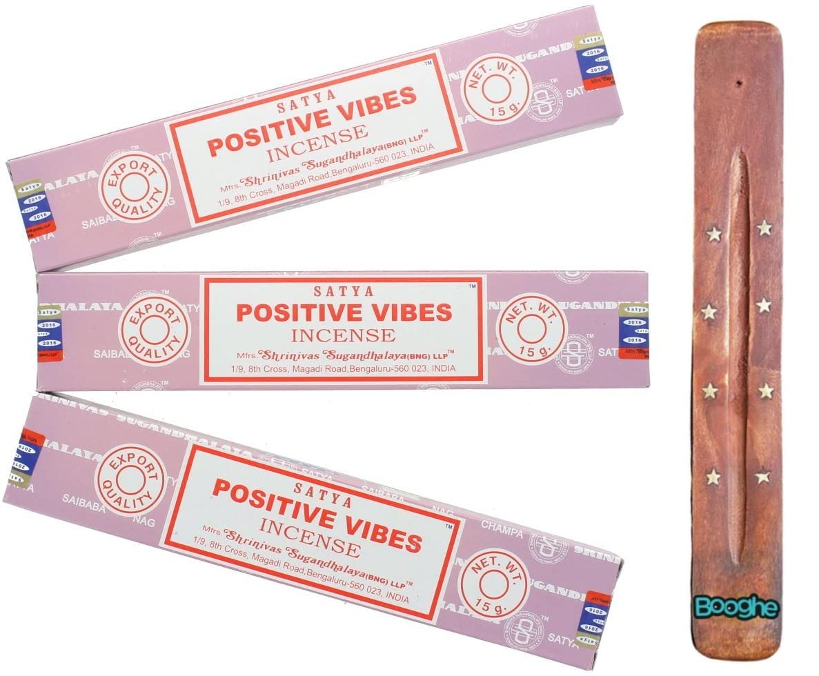 Satya Nag Champa Incense Sticks | x3 pack | with Booghe incense sticks holder (Positive Vibes)