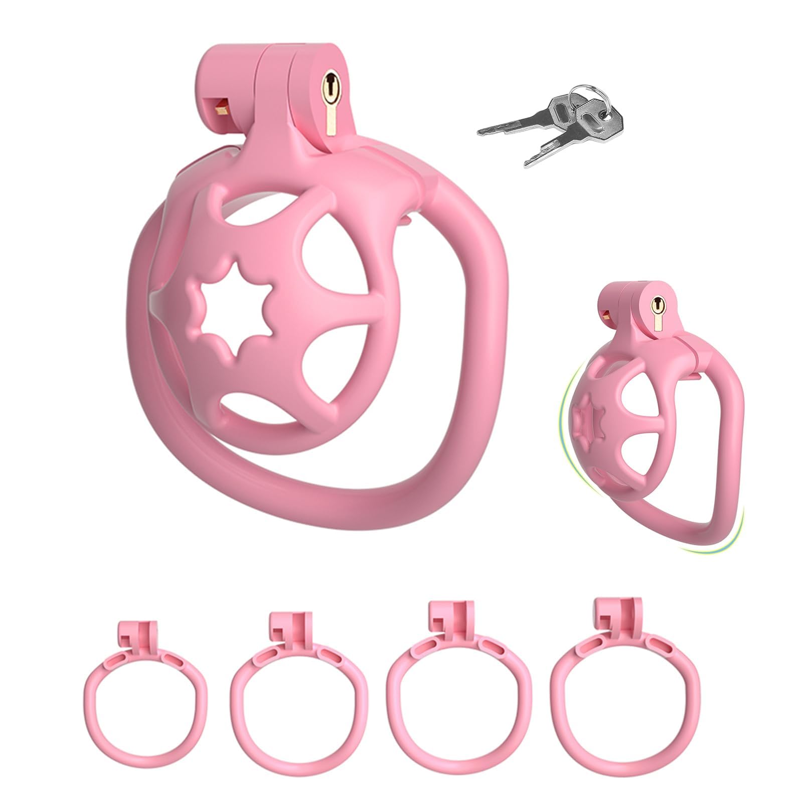 Jaula de castidad transpirable Starlight para hombres con 4 anillos para el pene. Diseño de ángulo amplio. Jaula para el pene. Juguetes sexuales invertidos (Pink)