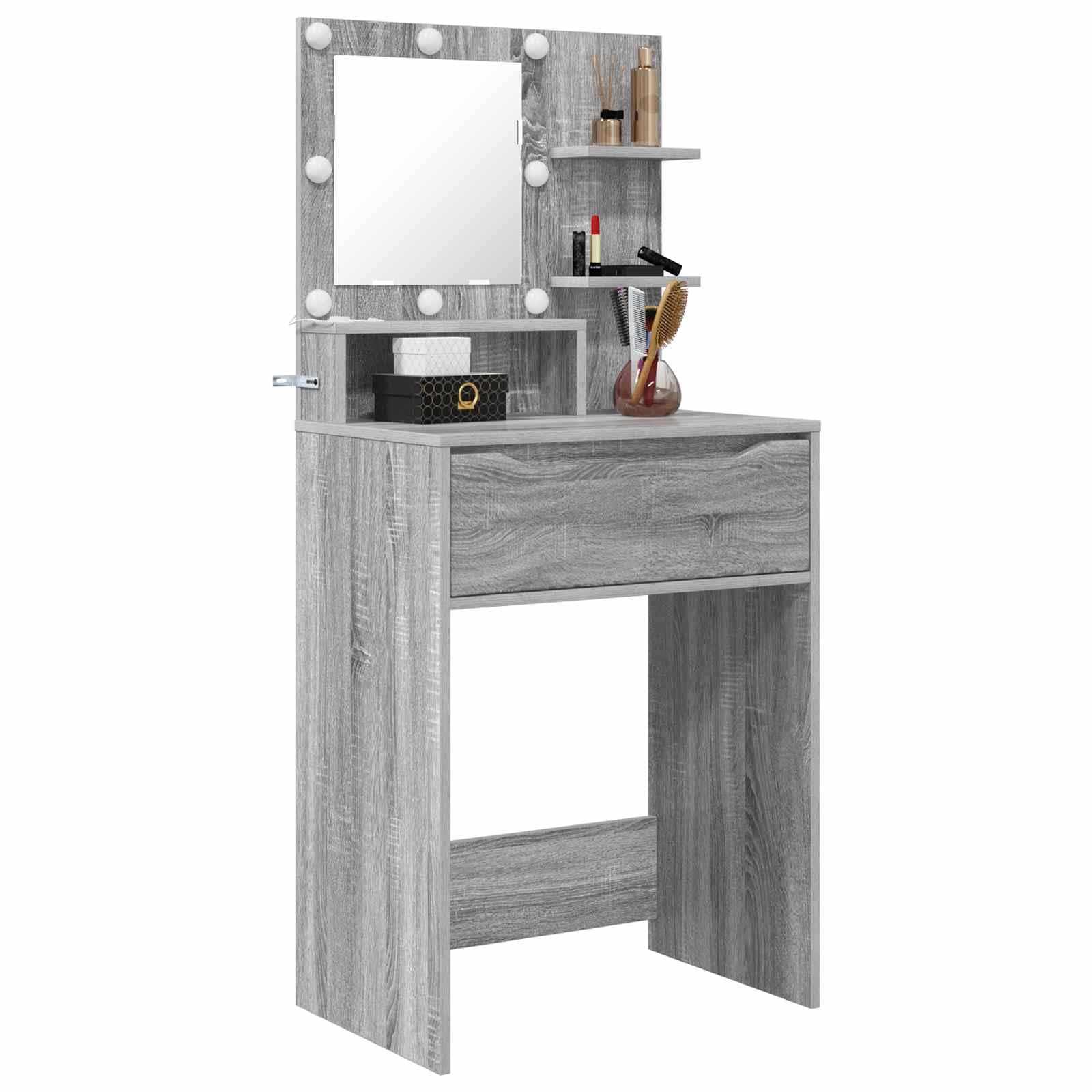 Générique Schminktisch mit Schublade, Grau, Sonoma Holz | Hollywood-Beleuchtung, integriertes kabelloses Ladegerät, Beleuchtung mit Kippfunktion, für Schlafzimmer