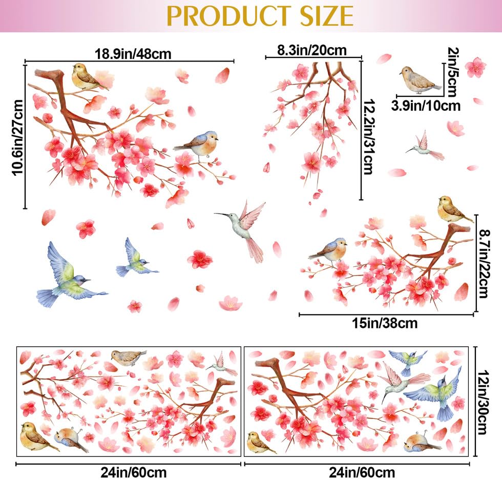 Vinilo decorativo rama diagonal rosa con aves miniatura 2