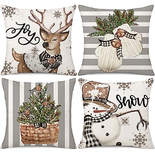Coeufuedy Christmas Stripe Pillow Covers 18x18 Inch Set of 4 Snowman Reindeer Gloves Eucalyptus Winter Holiday Decorative Farmhouse Cushion Covers for Sofa Couch Living Room by Coeufuedy - Used condition - US$8.99