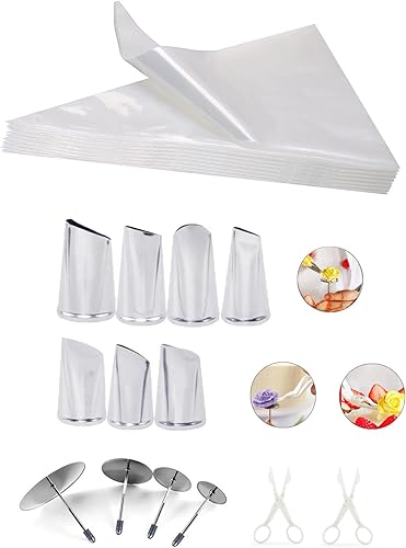 Kit de herramientas para hacer flores de glaseado, 7 puntas de tuberías de flores con 20 bolsas de glaseado desechables, 4 uñas de flores para