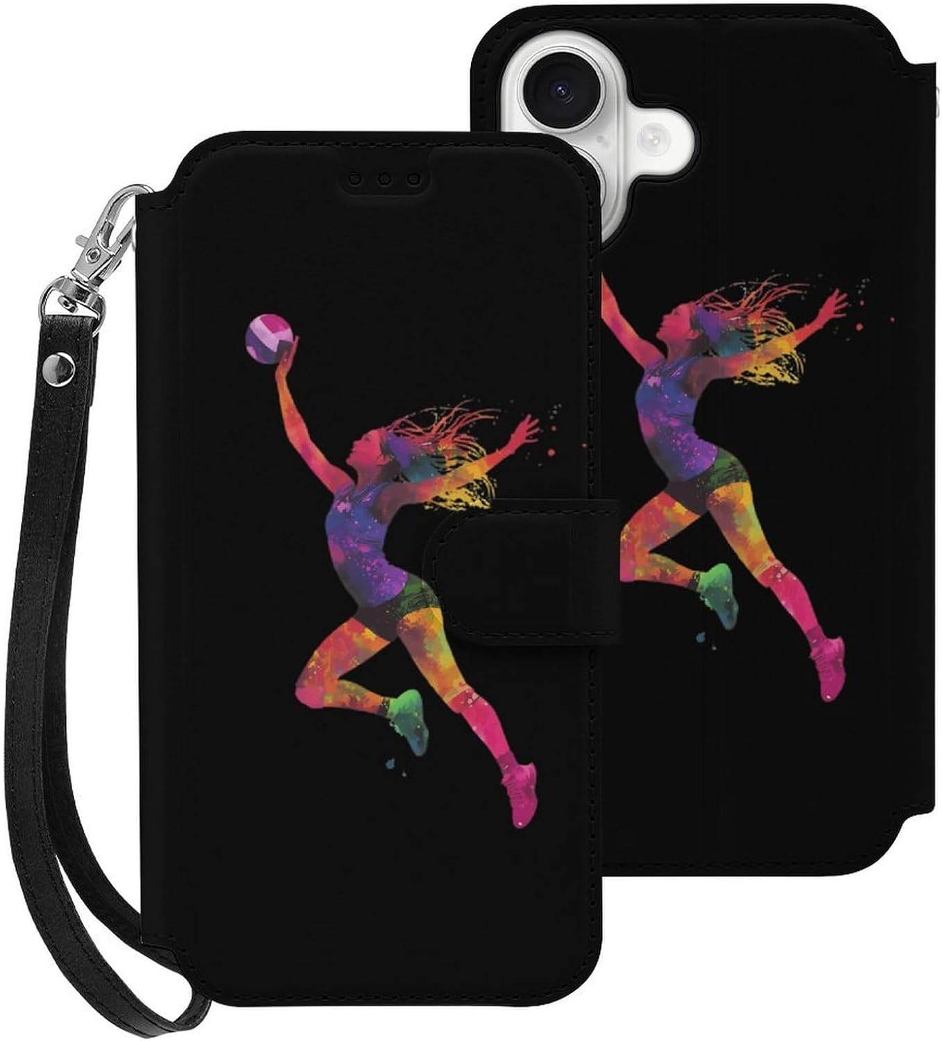 Volleyball Sports Compatible with iPhone 16/16 Plus/16 Pro/16 Pro Max/16 E Case Phone Wallet Card Holder Flip Cover with Wrist Strap