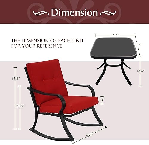 Miniatura 2 de Betterland Juego de sillas mecedoras de 3 piezas para exteriores, mesa de centro de cristal y muebles de patio de metal negro con cojines gruesos