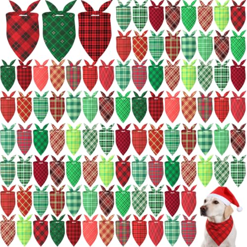 Image of Abbylike 50 Pcs Christmas Plaid Dog Bandanas Bulk, Red and Green Gingham