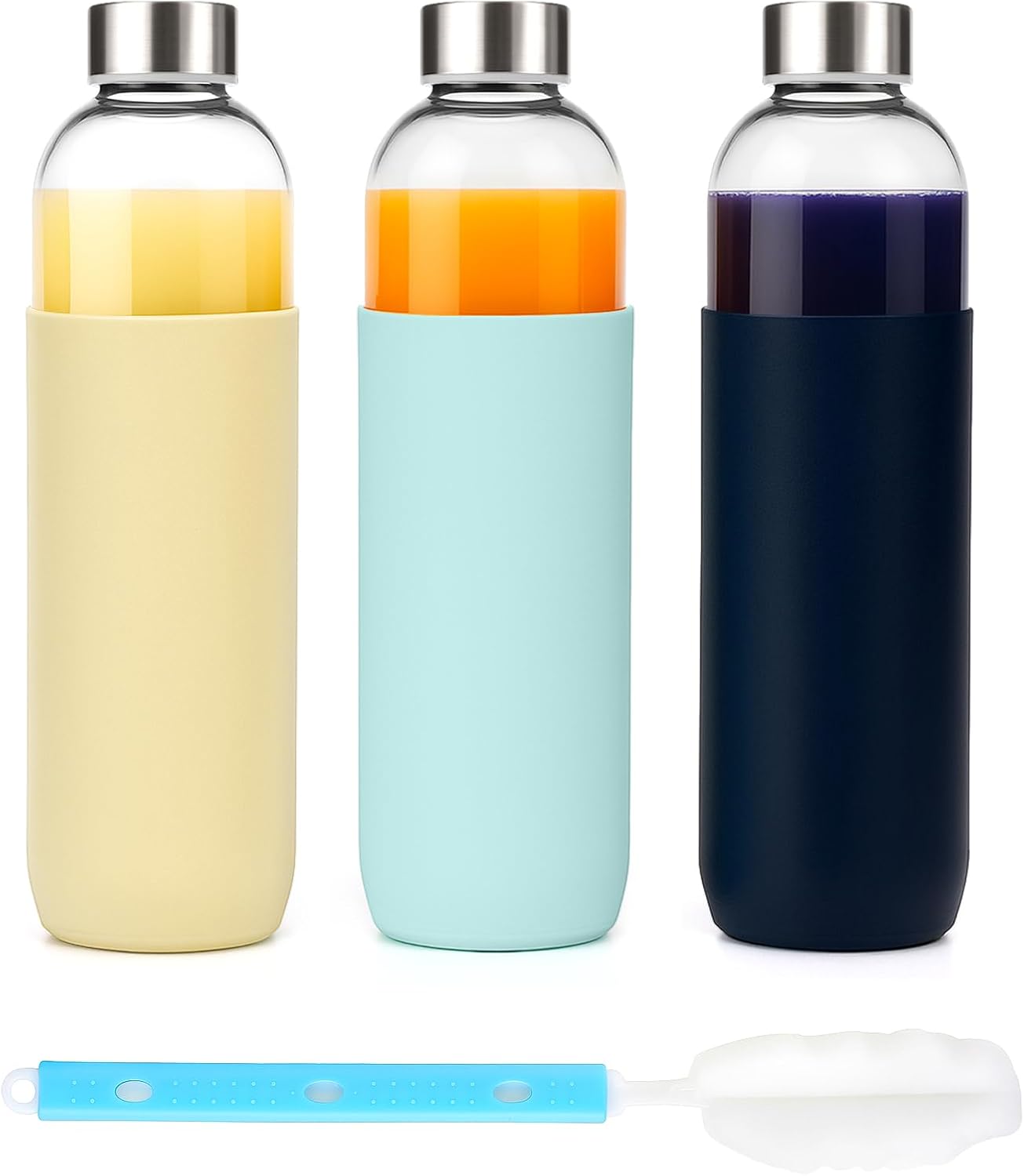 32 oz Glass Water Bottles with Lids and Silicone Sleeve, Reusable Juice Bottles with Stainless Steel Leak Proof Cap, Beverage Storage Containers for Juicing & Water, BPA Free Set of 3