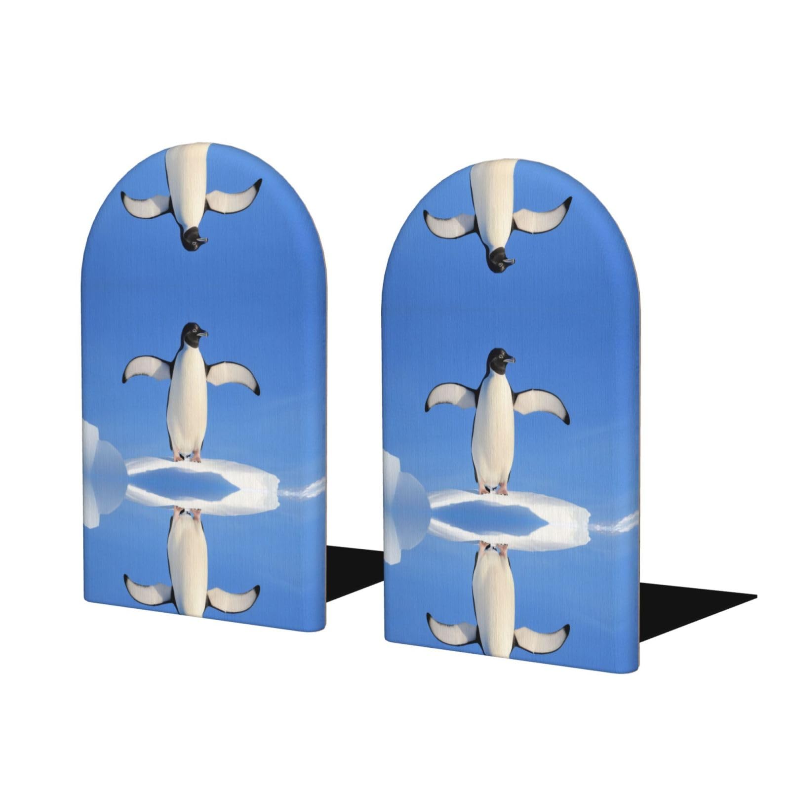 Cute Penguin Stylish Bookends with Full-Print Design Durable Wooden and Metal Bookend Set for Home, Office
