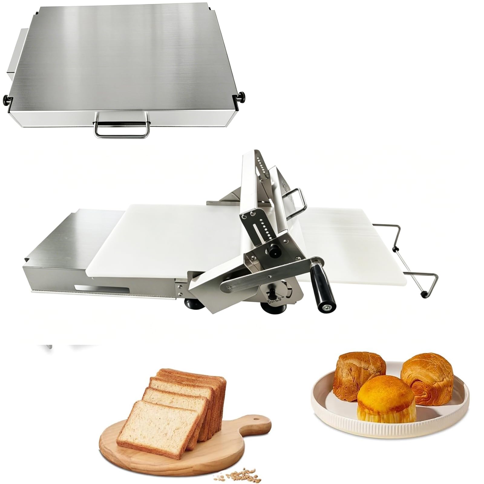 MINHUIJIHUI Commercial Dough Sheeter, Countertop Stainless Steel Pastry Roller, with Stainless Steel Sheeter Board, 46 Thickness Adjustable, for Bakery, Pizza and Croissants